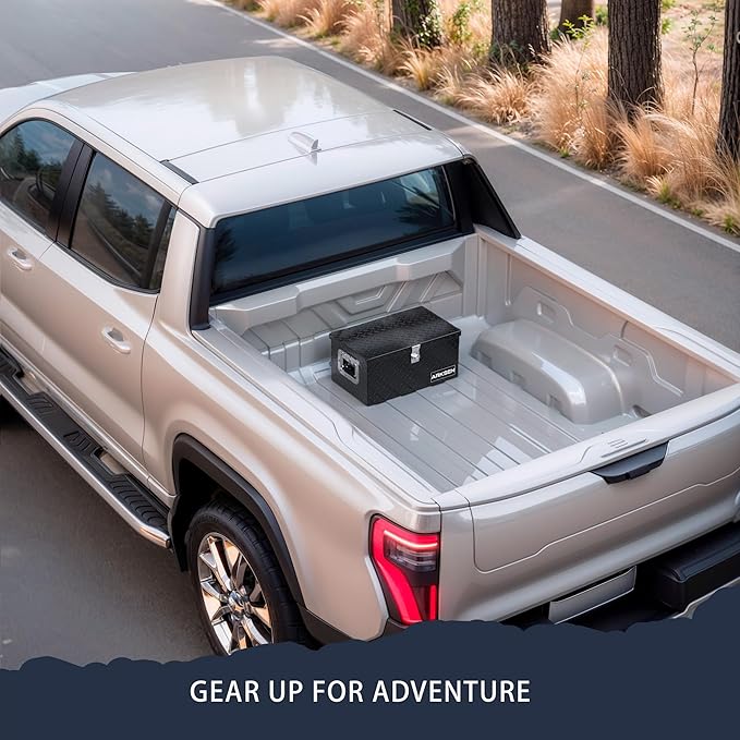 ARKSEN 20 x 12 x 10 Inch Diamond Plate Truck Bed Tool Box, Heavy Duty Waterproof Aluminum Storage Chest with Side Handle & Lock for Pickup Truck Bed, RV & Trailer Black