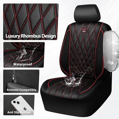 CAR PASS Piping Luxury PU Leather Two Front Car Seat Covers, Waterproof Anti Slip Seat Covers Compatible with Front Seat Armrests,Universal Fit for Suvs,Vans,Trucks,Airbag Compatible(Black and Red)