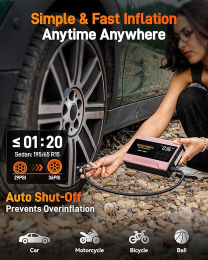 WOLFBOX 2000A Jump Starter with Air Compressor, 37Wh Car Battery Booster Jumper Starter Portable(up to 5L Gas Engine), 12V Jump Box Pack with 150PSI Tire Inflator, Jumper Cables, LED Light — Rose Gold