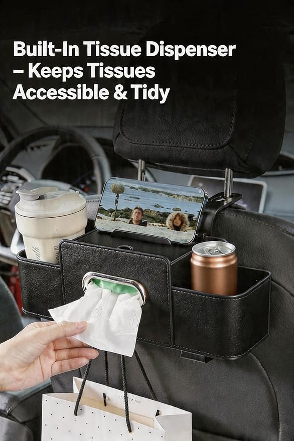 4-in-1 Car Backseat Organizer, Dual Cup Holders, Tissue Box & Phone Mount with Double Hangers, Multi-functional Car Storage Organizer, Universal Fit for All Vehicles, 2 Pieces
