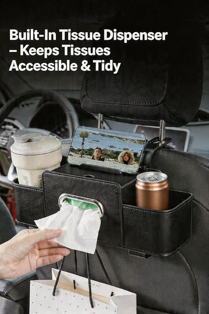4-in-1 Car Backseat Organizer, Dual Cup Holders, Tissue Box & Phone Mount with Double Hangers, Multi-functional Car Storage Organizer, Universal Fit for All Vehicles, 2 Pieces