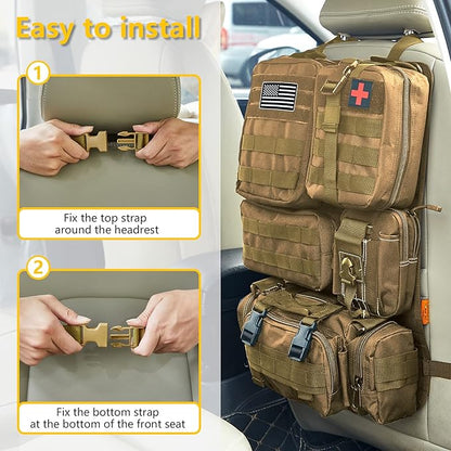 Universal Tactical Car Seat Back Organizer Bag Tactical Molle Vehicle Organizers Panel Vehicle Protector Organizers with 5 Detachable Pouches for Car Truck Ford Jeep (Khaki)