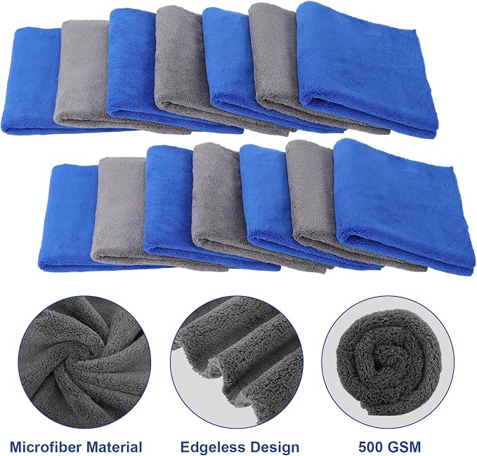Shimeyao 30 Pcs 16 x 16 Inch Edgeless Microfiber Plush Towels for Cars Detailing Drying Wash Polishing Absorbent Cleaning Cloths, 500 GSM (Blue, Gray)