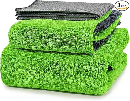 YeewayVeh Complete Drying Towel Set, 3-Pack Microfiber Towels (28"x36" & 16"x16" Drying & Waffle Weave), 1400 GSM Ultra Absorbent, Streak-Free Car Detailing Towels for Bulk Water, Final Polish & Glass