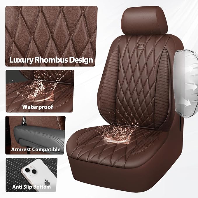 CAR PASS Piping Luxury Faux PU Leather Two Front Car Seat Covers, Waterproof Anti Slip Seat Covers Compatible with Front Seat Armrests,Universal Fit for Suvs,Vans,Trucks,Airbag Compatible, All Brown