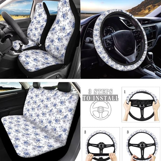 Rose Auto Interior Seat Cover 10 Pack, French Countryside Austin Rose Universal Fit Most Vehicles, Blue Ditsy Floral Split Back Bench Seat Cover Seatbelt Pads Keychain