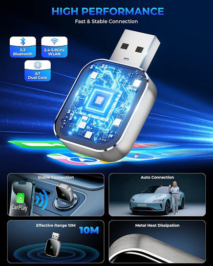 Mini CarPlay Wireless Adapter for Apple iPhone - Converts Wired to Wireless CarPlay Adapter, CarPlay Dongle Stick for Apple Wired CarPlay Cars & for iPhone iOS 10+, USB & Type-C, Plug & Play