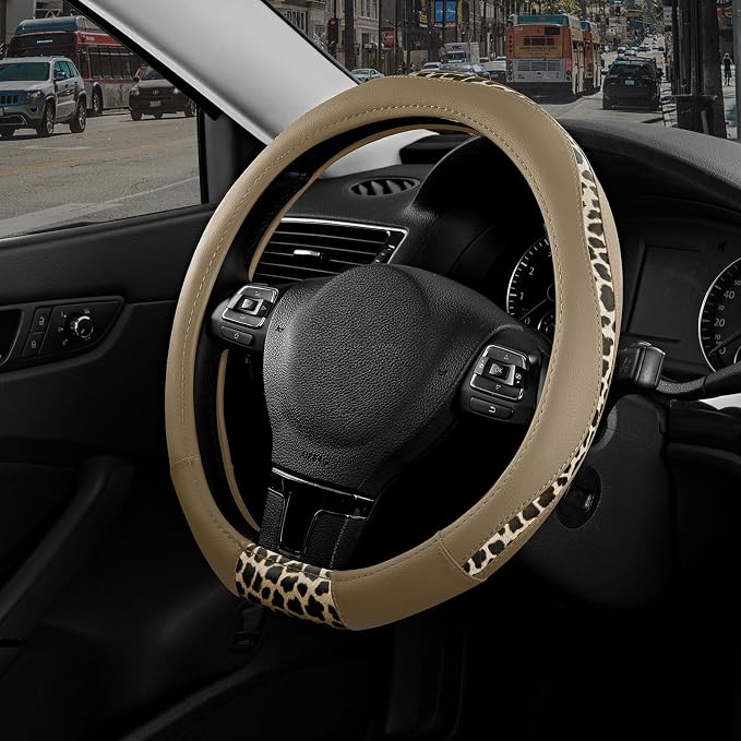 Road Comforts Steering Wheel Cover - Flat Bottom Wheel Cover Made with PVC Leather and Leopard Fabric - Universal Fit for 15-Inch D-Shaped Automotive Steering Wheels (Beige Color)