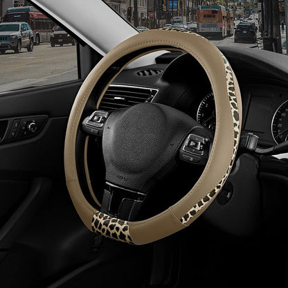 Road Comforts Steering Wheel Cover - Flat Bottom Wheel Cover Made with PVC Leather and Leopard Fabric - Universal Fit for 15-Inch D-Shaped Automotive Steering Wheels (Beige Color)