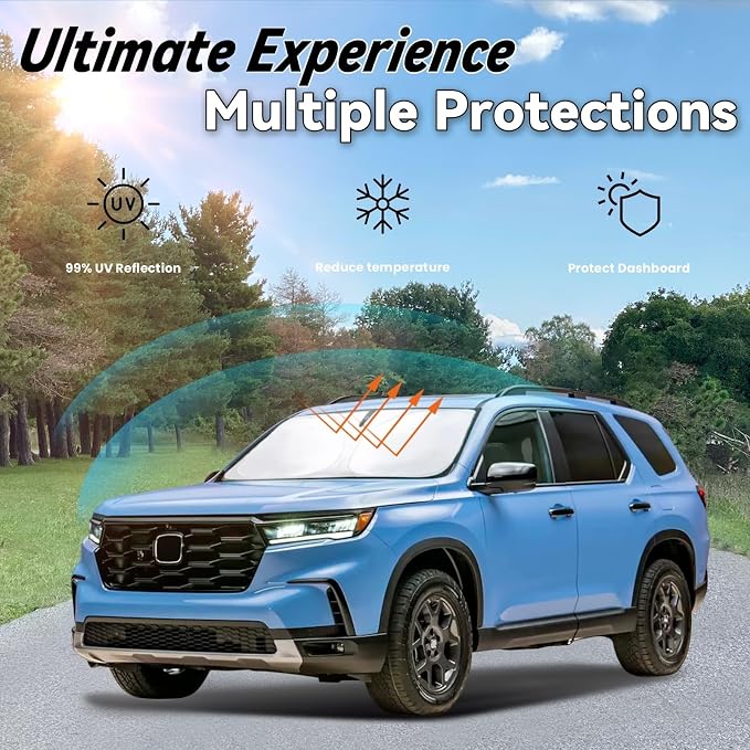 Windshield Sun Shade for Honda Pilot 2016-2025 2026 EX, EX-L, Elite, Touring, Car Front Window Sunshade with 240T Sun Visor Protector Blocks UV Rays Heat Sun Shield Accessories