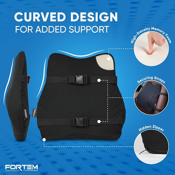 FORTEM Car Seat Cushion and Back Support Pillow, Memory Foam Car Wedge Cushion, Comfort Back Rest and Lumbar Support for Driving, Non Slip Seat Pad, Adjustable Straps, Washable Cover