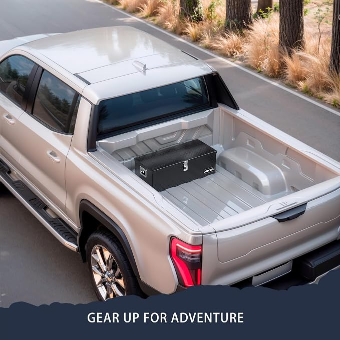 ARKSEN 30 x 13 x 10 Inch Diamond Plate Truck Bed Tool Box, Heavy Duty Waterproof Aluminum Toolboxes Storage Chest with Side Handle & Lock for Pickup Truck Bed, RV & Trailer – Black