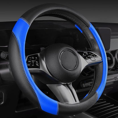 CAR PASS Faux Leather Steering Wheel Cover and Waterproof Car Floor Mats,Universal Car Combo Fit for 95% Sedan,SUV,Cars,14.5-15inch Sporty Anti-Slip Safety Comfortable Design(Black＆Bule)