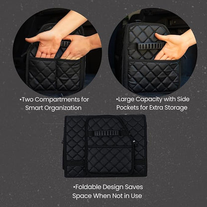 Leather Trunk Organizer with Lid for Suv and more, Foldable Car Organizer, Car Organizers and Storage with Pockets, Non-Slip Design (Black-Black)