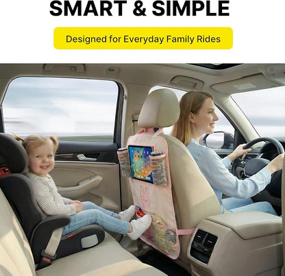 Backseat Car Organizer for Kids, Car Seat Organizer with 11” Touch Screen Tablet Holder, Rear Seat Storage Bag with Drink Pockets, Anti-Kick Seat Back Protector for Travel (Pink Rabbit)