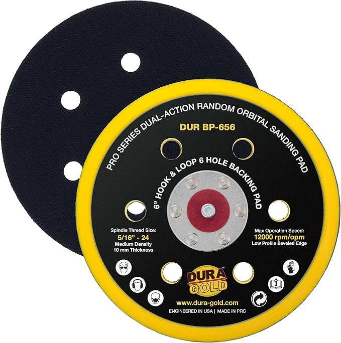 Dura-Gold Pro Series 6" Hook & Loop DA Backing Plate Pad, 6 Hole Pattern Dustless - Low Profile Edge, Medium Density, Dual-Action Random Orbital Sanding Pad, Sander Polisher Auto Woodworking Sandpaper