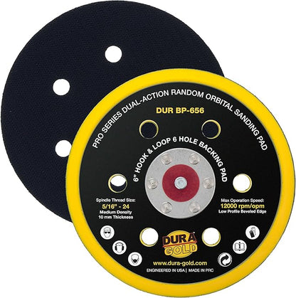 Dura-Gold Pro Series 6" Hook & Loop DA Backing Plate Pad, 6 Hole Pattern Dustless - Low Profile Edge, Medium Density, Dual-Action Random Orbital Sanding Pad, Sander Polisher Auto Woodworking Sandpaper