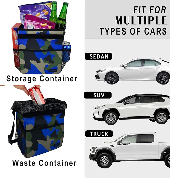 SIBOFUEGO Cute Car Trash Can with Lid – Multipurpose Collapsible Trash Bin for Car, Leak-Proof Organizer, Waterproof Garbage Can with Storage Pockets & Adjustable Straps, 2 Gallons (Camo Blue)