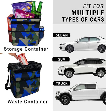 SIBOFUEGO Cute Car Trash Can with Lid – Multipurpose Collapsible Trash Bin for Car, Leak-Proof Organizer, Waterproof Garbage Can with Storage Pockets & Adjustable Straps, 2 Gallons (Camo Blue)