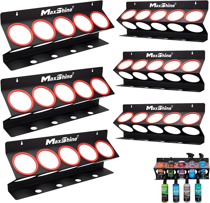 Maxshine Universal Detailing Spray Bottle Holder (6-Pack) – Mobile Detailing & Car Garage Organizer, Holds 5 Bottles (16/32oz) with 4 Small Holes – Lightweight Design, Easy Wall Mounting
