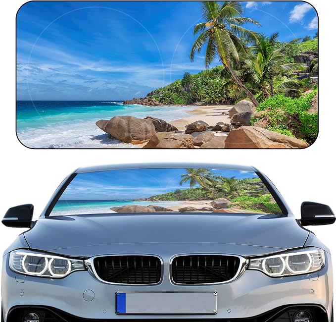 Windshield Sun Shade Foldable Car Front Window Covers for Car Accessories Sun Heat UV Rays Visor Protector Protection for Universal Cars SUV Truck(Beach)