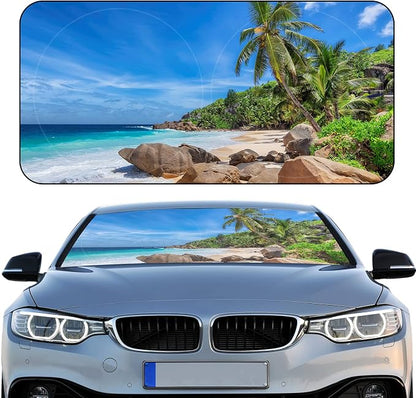 Windshield Sun Shade Foldable Car Front Window Covers for Car Accessories Sun Heat UV Rays Visor Protector Protection for Universal Cars SUV Truck(Beach)