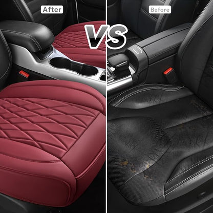 CAR PASS 2 Pack Leather Front Car Seat Covers, Bottom Seat Covers Full Wrapped with Storage Pocket, Anti-Slip Leather Seat Protectors,Waterproof Seat Cushion Pad Universal Fit Cars SUV Truck, Burgundy