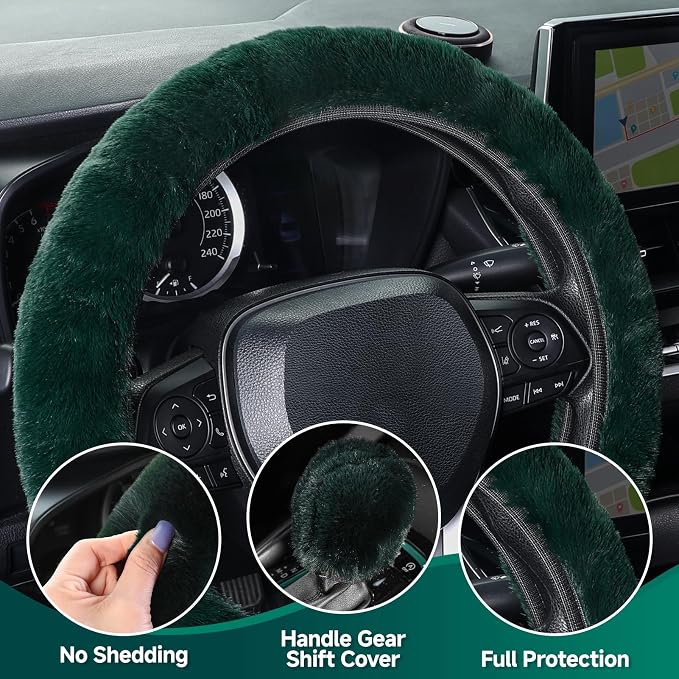 SEG Direct Furry Car Steering Wheel Cover with Gear Shift Cover, Soft and Warm, Cute Fluffy Auto Decor for Women Men, Standard Size, 2 PCS Set, Dark Green