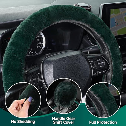 SEG Direct Furry Car Steering Wheel Cover with Gear Shift Cover, Soft and Warm, Cute Fluffy Auto Decor for Women Men, Standard Size, 2 PCS Set, Dark Green