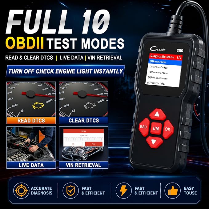 LAUNCH Creader 300 OBD2 Scanner, Car Code Reader with Full 10 OBDII Modes, Read & Clear Codes, Live Data, VIN, Freeze Frame, I/M Readiness, O2 Sensor, DTC Lib, Battery Test for 1996 & Newer Cars