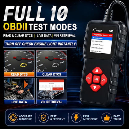LAUNCH Creader 300 OBD2 Scanner, Car Code Reader with Full 10 OBDII Modes, Read & Clear Codes, Live Data, VIN, Freeze Frame, I/M Readiness, O2 Sensor, DTC Lib, Battery Test for 1996 & Newer Cars
