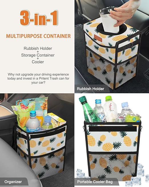 Pritent Car Trash Can with Lid, Cute Leakproof Car Trash Garbage Bag Hanging Vehicle Trash Bin Small Portable Automotive Garbage Cans Organizer for Back/Front Seat/Console(2.8 gal,Pineapple Print