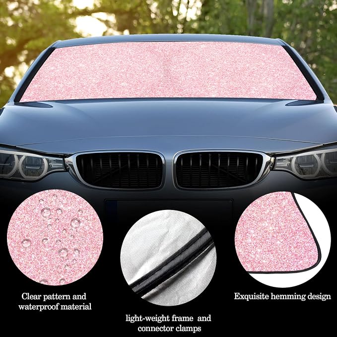 Windshield Sun Shade Foldable Car Front Window Covers for Car Accessories Sun Heat UV Rays Visor Protector Protection for Universal Cars SUV Truck(Pink Sequins)