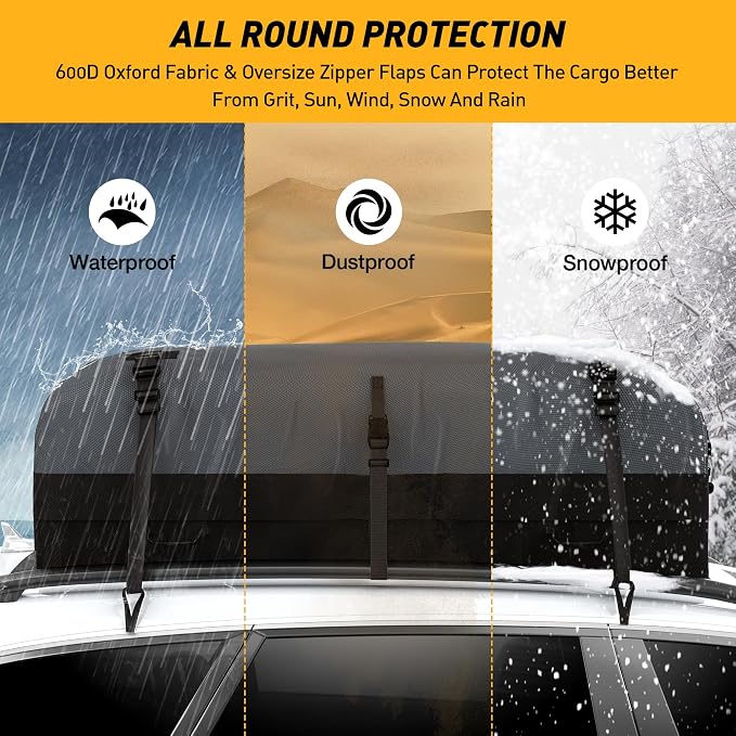Rooftop Cargo Carrier Bag, WILDROAD 21 Cubic Feet 600D Ultra Anti-Tear Fabric Waterproof Car Roof Bag, Soft-Shell Roof Bag with Storage Bag, Anti-Slip Mat and 6 Door Hooks Fits Car with/Without Racks