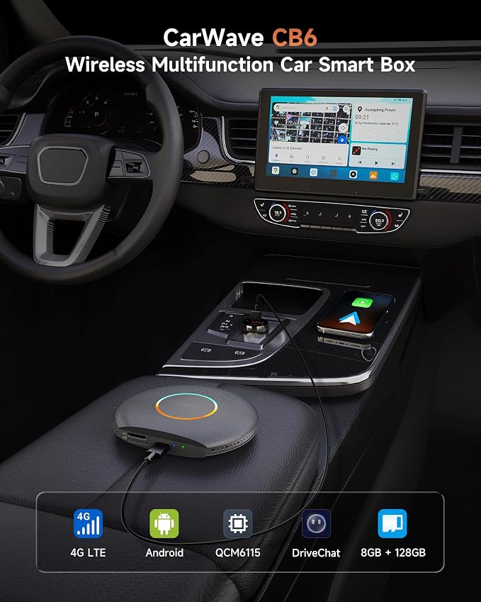 2025 Upgrade CB6 CarPlay AI Box&Android AI Box, Wireless CarPlay/Android Auto Adapter, Plug & Play CarWave Car Smart Box with AI DriveChat, GPS Track, Android 13, 2 BT, 4G LTE, 8G+128G, Gray