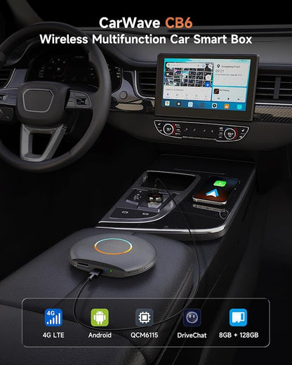 2025 Upgrade CB6 CarPlay AI Box&Android AI Box, Wireless CarPlay/Android Auto Adapter, Plug & Play CarWave Car Smart Box with AI DriveChat, GPS Track, Android 13, 2 BT, 4G LTE, 8G+128G, Gray