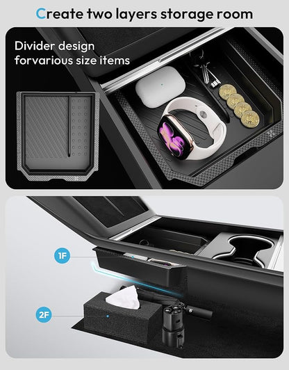 XINTUO Center Console Organizer Tray for Tesla Model Y Juniper 2025-2026 & Model 3 Highland 2024-2026 [Premium PC + Silent Silicone Liner] Cup Holder for Tesla Model Y Juniper Accessories