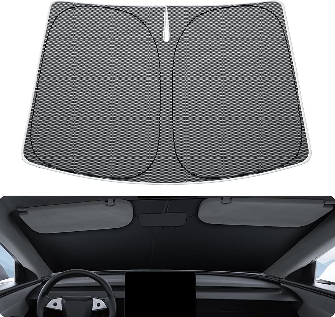 BASENOR 2026-2017 Tesla Model Y Model 3 Windshield Sunshade [Nano Ice Crystal], Folding Front Window Sun Shade, Heat UV Protection for Tesla Accessories
