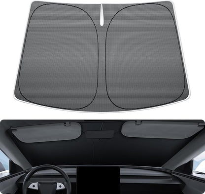 BASENOR 2026-2017 Tesla Model Y Model 3 Windshield Sunshade [Nano Ice Crystal], Folding Front Window Sun Shade, Heat UV Protection for Tesla Accessories