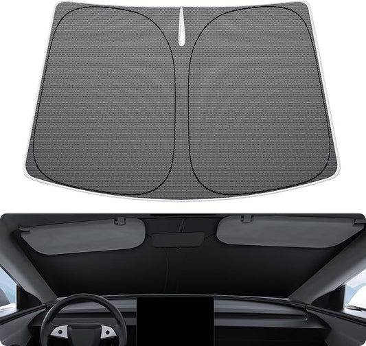 BASENOR 2026-2017 Tesla Model Y Model 3 Windshield Sunshade [Nano Ice Crystal], Folding Front Window Sun Shade, Heat UV Protection for Tesla Accessories