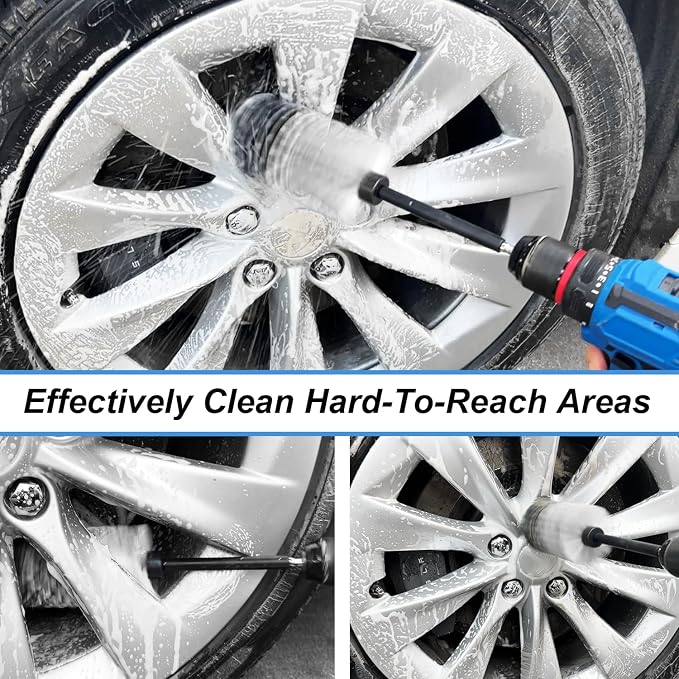 Wheel Brush Kit, Soft Drill Wheel Cleaner Brush, No Scratches Highly Dense Car Cleaning Brush Set for Wheels, Rims, Engines, Exhaust(White/Black,2Pcs)