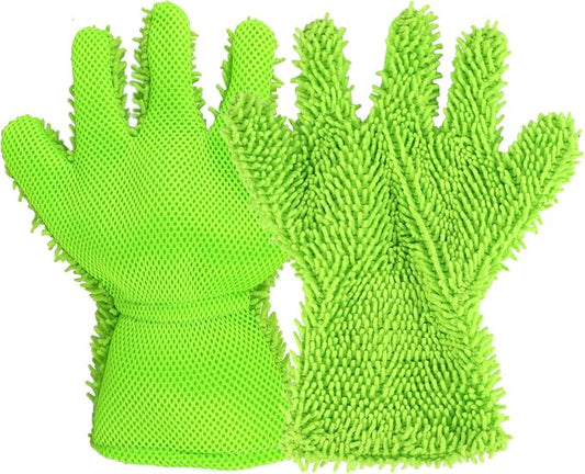 2PCS Car Wash Mitt, 5 Finger Chenille Microfiber Cleaning Mitt for Cars, Scratch-Free Auto Washing Gloves, Car Interior Exterior Cleaning Gloves, Great for Hard-to-Reach Areas (Green)