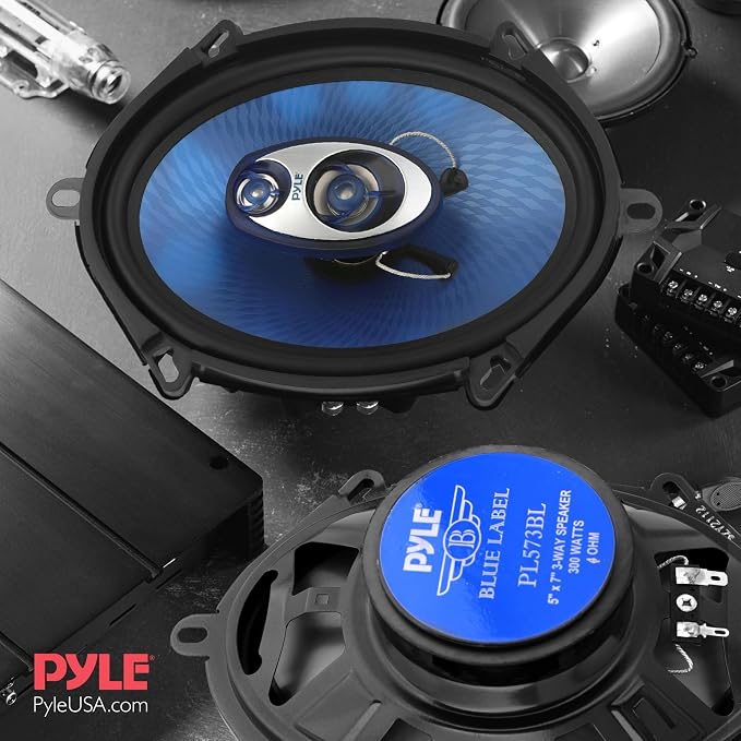 Pyle 5"x7"/6"x8" 3-Way Triaxial Car Speaker Pair – 300W Max/150W RMS, Blue Poly Injection Cone, Butyl Rubber Surround, 1" ASV Voice Coil, 4 Ohm, 80Hz-20kHz - PL573BL