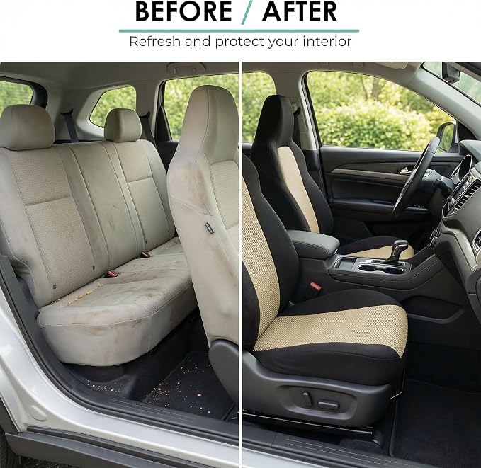 FH Group Automotive Full Car Seat Covers for SUV, Trucks, Sedan and More - Universal Fit Front High Back & Rear Solid Bench Design Interior Accessories - 3D Air Mesh Fabric Center Panel - Beige