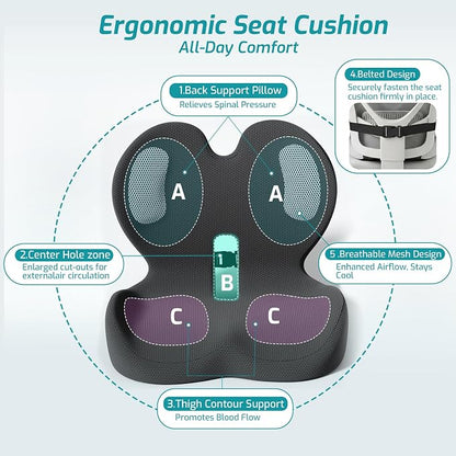 Trucker Seat Cushion, Car Seat Cushions with Lumbar Support Pillow, Ergonomic L-Shaped Orthopedic Memory Foam Pad for Long Driving Back Pain Sciatica Relief, Drivers Office Workers (Black+WE)