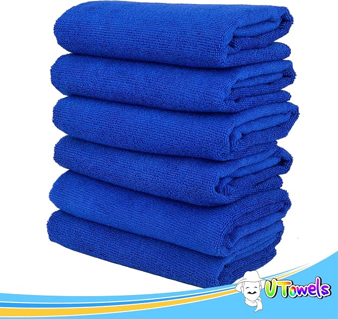 Cleaning Wash-Cloth Towels - Large 27" x 16" Microfiber Rags - Highly Absorbent, Lint Free Streak Free for House, Kitchen, Car, Window Detailing Reusable Shop Towels (6-Pack, Royal Blue)