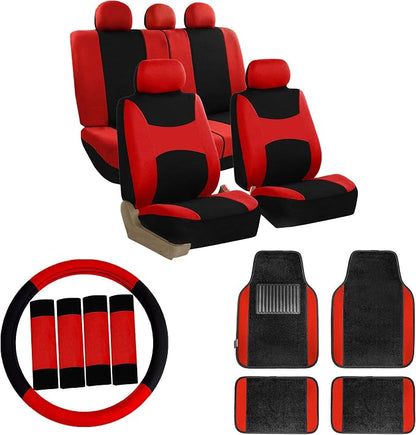 FH Group Car Seat Covers Combo Full Set with Carpet Floor mats Steering Wheel Cover and Seat Belt Pads- Universal Fit for Cars Trucks and SUVs Red