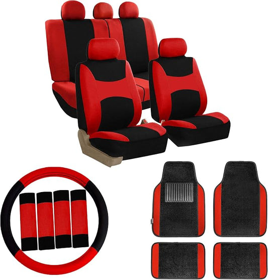 FH Group Car Seat Covers Combo Full Set with Carpet Floor mats Steering Wheel Cover and Seat Belt Pads- Universal Fit for Cars Trucks and SUVs Red