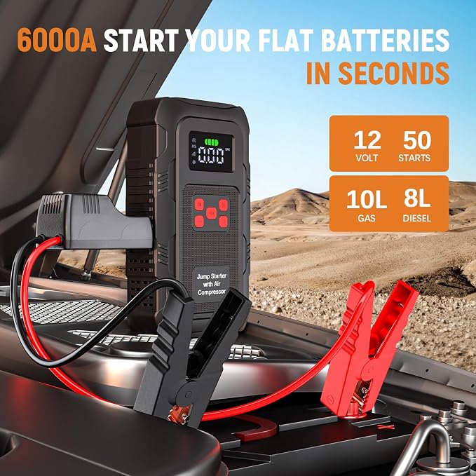 6000A Jump Starter with Air Compressor, Portable Car Battery Jump Starter with 150 PSI Tire Inflator for Up to 10.0L Gas and 8.0L Diesel Engines, 12V Jump Box with LCD Display