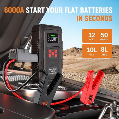 6000A Jump Starter with Air Compressor, Portable Car Battery Jump Starter with 150 PSI Tire Inflator for Up to 10.0L Gas and 8.0L Diesel Engines, 12V Jump Box with LCD Display